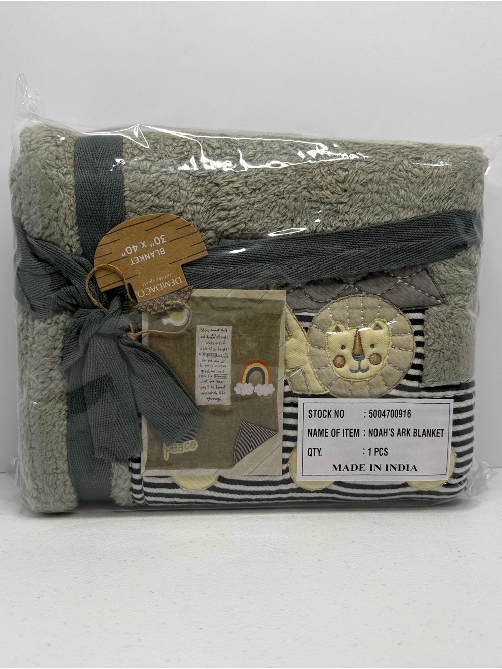 DEMDACO Lori Siebert Noah’s Ark Baby Blanket 30” x 40” Sage Green Gray NWT